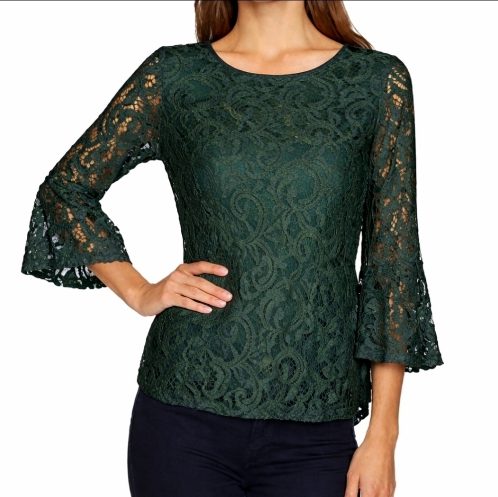 NWT $99 Adrianna Papell Top Women’s Pine Green Lace Bell Sleeve Blouse Stretch M
